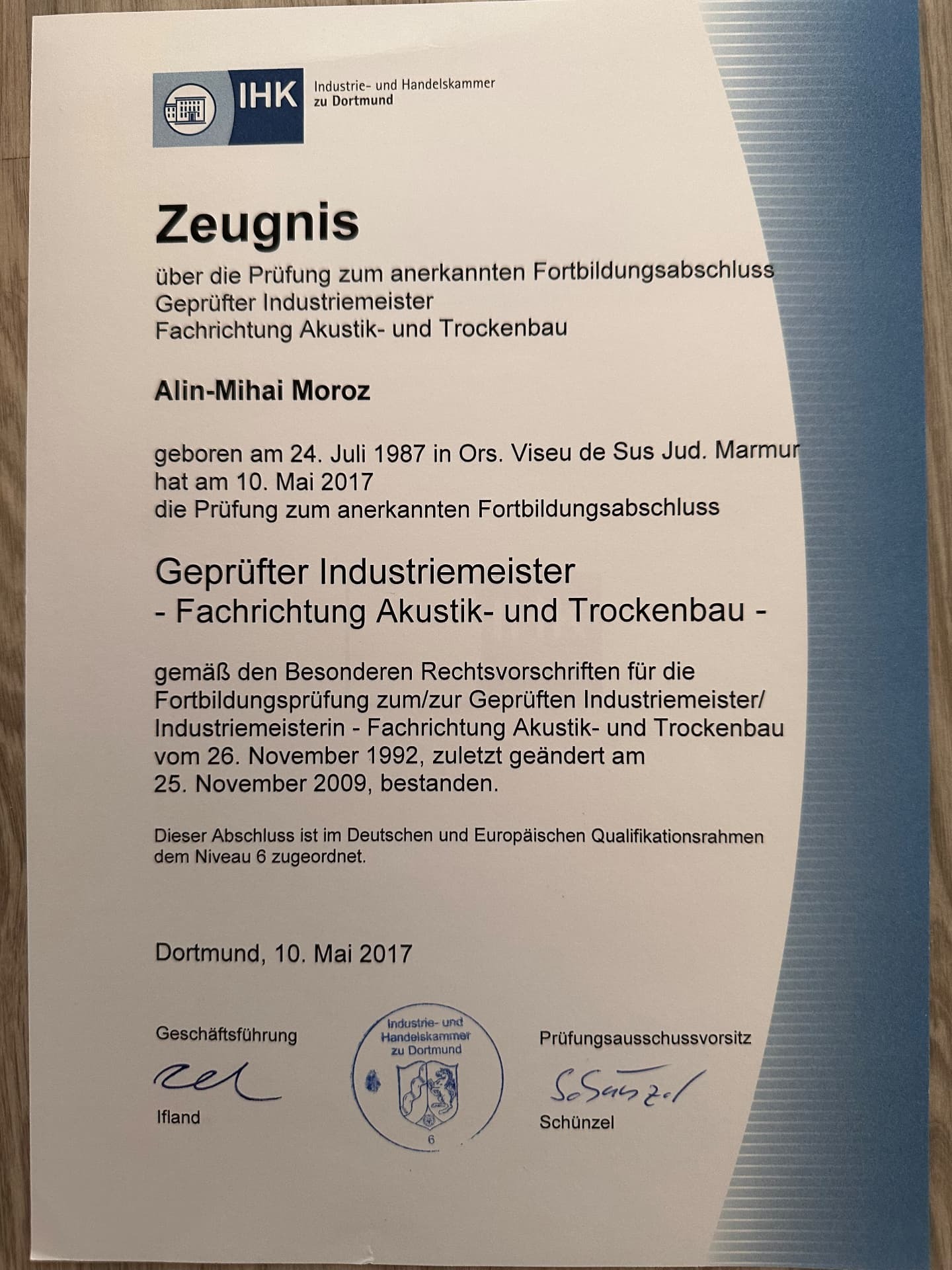 Zeugnis IHK Geprüfter Industriemeister Akustik- und Trockenbau für Alin-Mihai Moroz