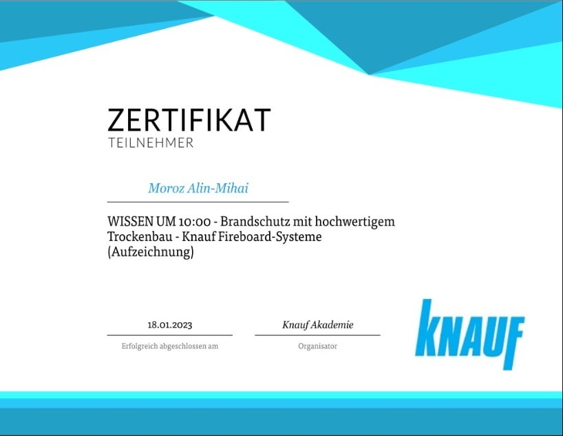 Zertifikat Knauf Akademie Brandschutz mit Knauf Fireboard-Systemen für Alin-Mihai Moroz