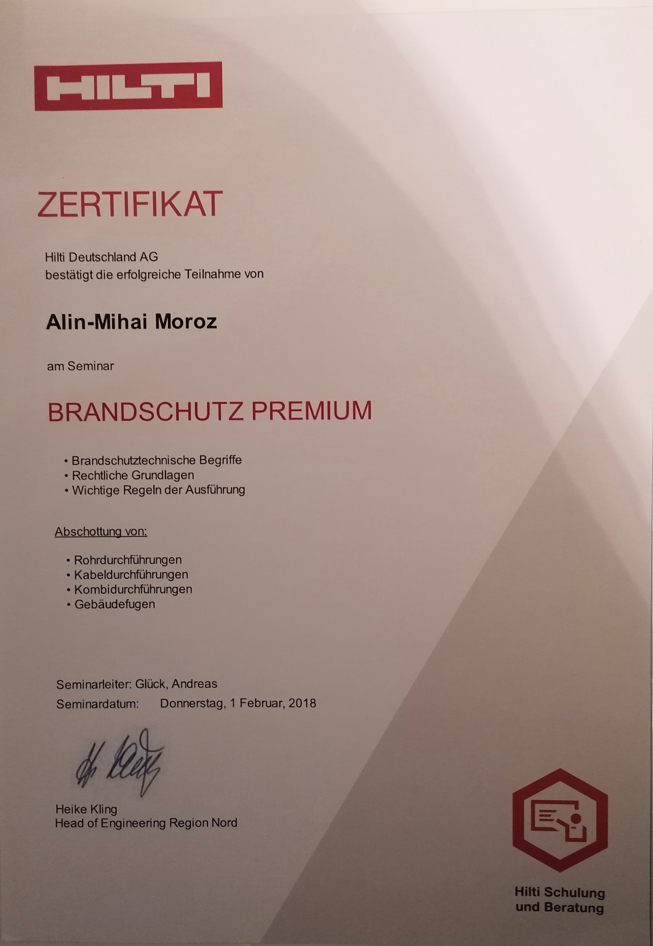 Zertifikat Hilti Brandschutz Premium Seminar für Alin-Mihai Moroz