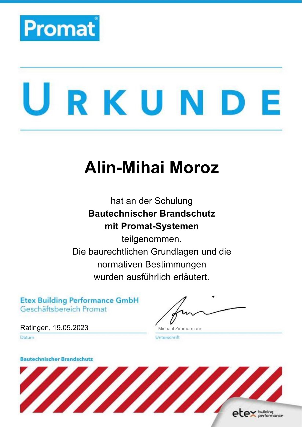 Urkunde Bautechnischer Brandschutz mit Promat-Systemen für Alin-Mihai Moroz