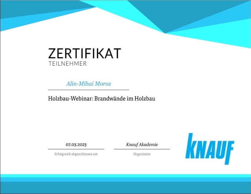 Zertifikat Knauf Akademie Holzbau-Webinar Brandwände im Holzbau für Alin-Mihai Moroz