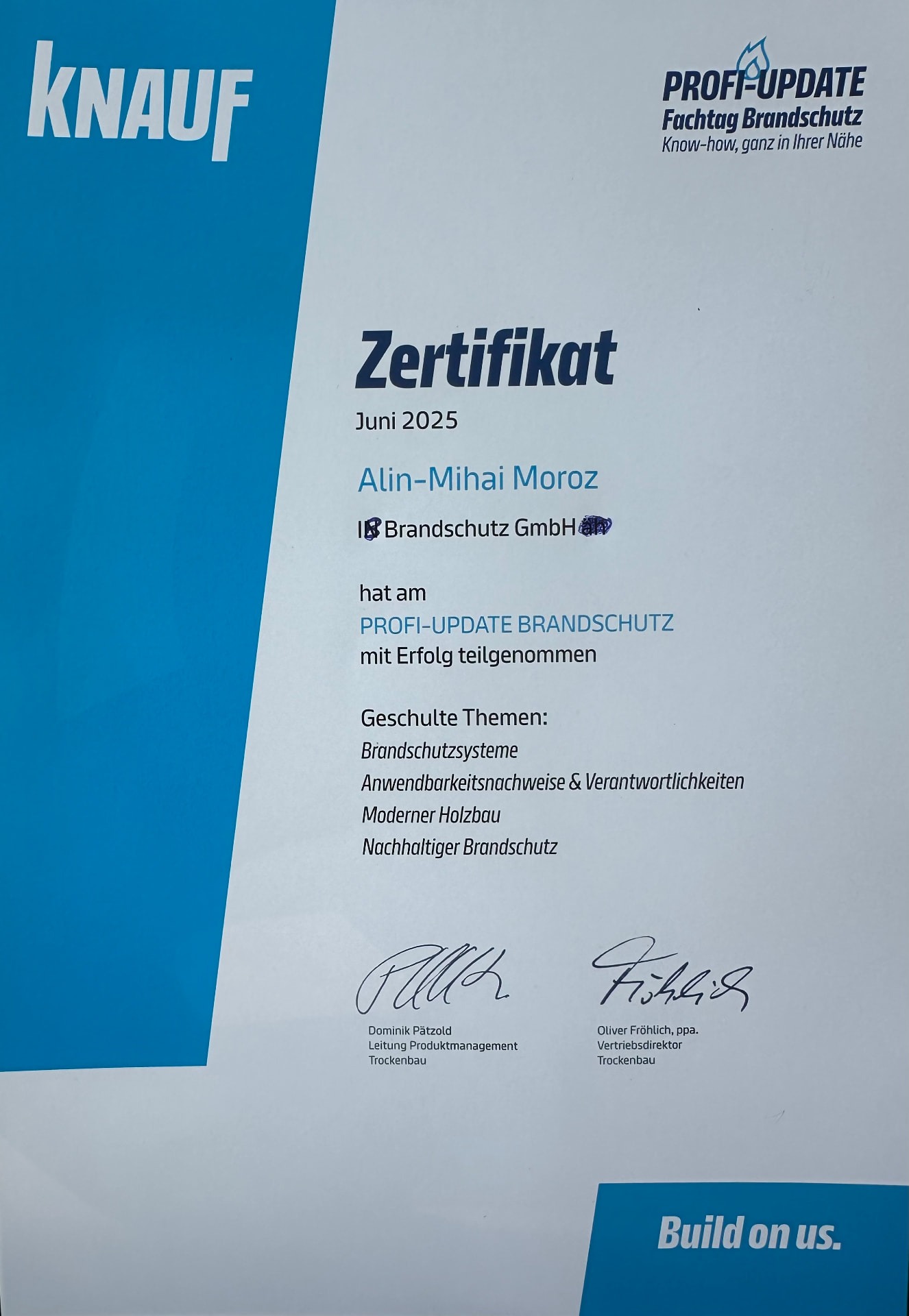 Zertifikat Knauf PROFI-UPDATE BRANDSCHUTZ für Alin-Mihai Moroz