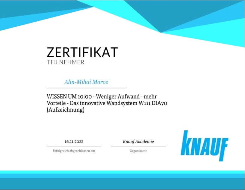 Zertifikat Knauf Akademie Wandsystem W111 DIA70 für Alin-Mihai Moroz