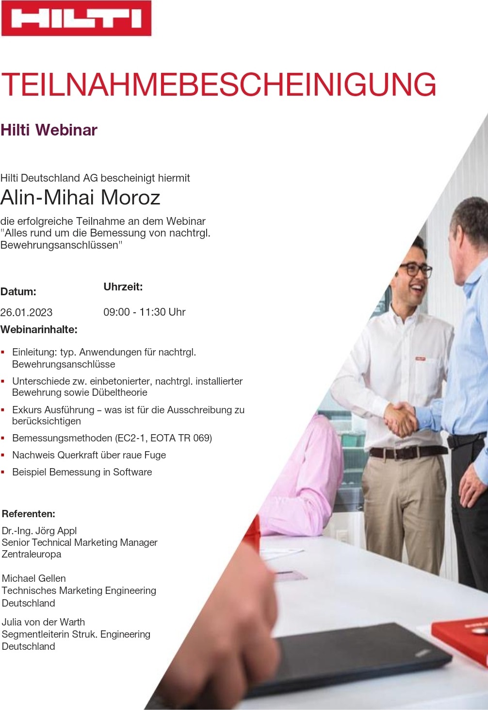 Teilnahmebescheinigung Hilti Webinar Bemessung nachträglicher Bewehrungsanschlüsse für Alin-Mihai Moroz